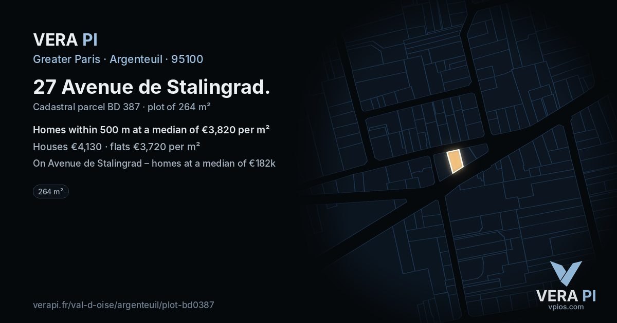 27 Avenue de Stalingrad, Argenteuil at night – the plot lit, the parcels around coloured by the prices near them