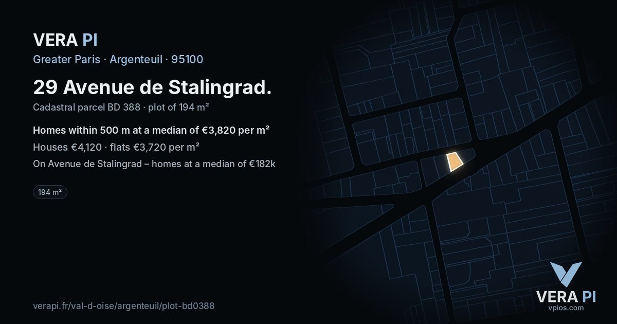 29 Avenue de Stalingrad, Argenteuil at night – the plot lit, the parcels around coloured by the prices near them