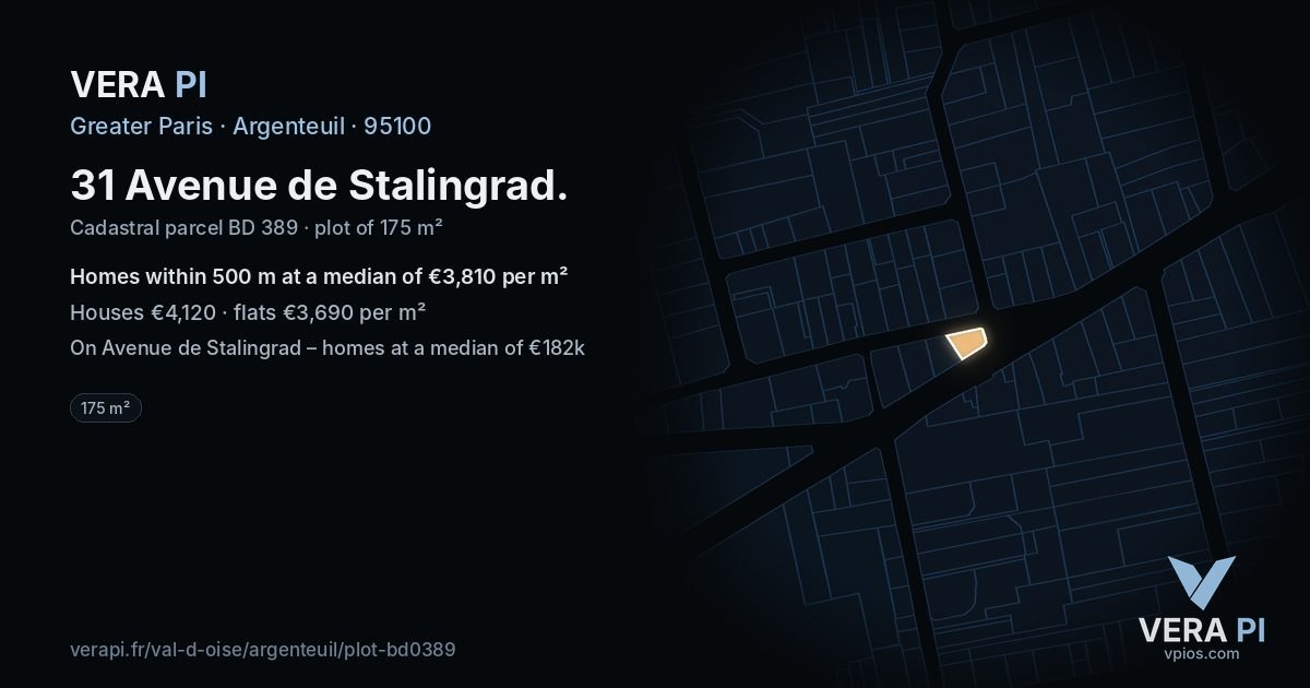 31 Avenue de Stalingrad, Argenteuil at night – the plot lit, the parcels around coloured by the prices near them