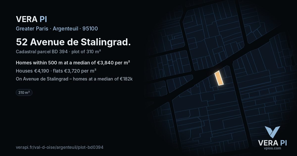 52 Avenue de Stalingrad, Argenteuil at night – the plot lit, the parcels around coloured by the prices near them
