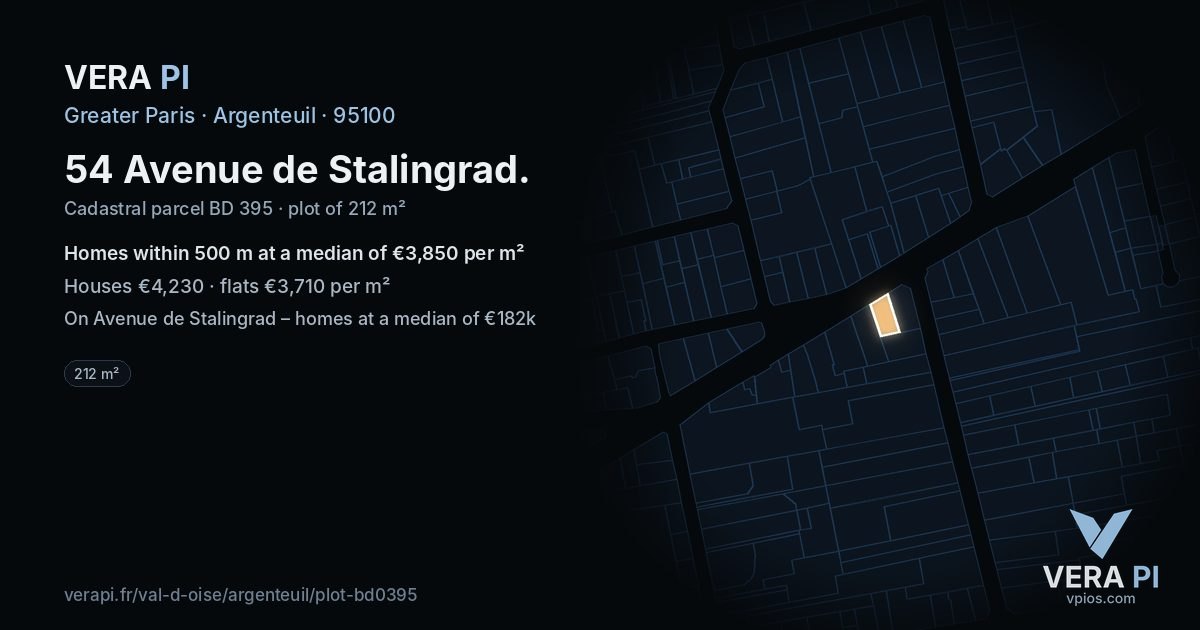 54 Avenue de Stalingrad, Argenteuil at night – the plot lit, the parcels around coloured by the prices near them