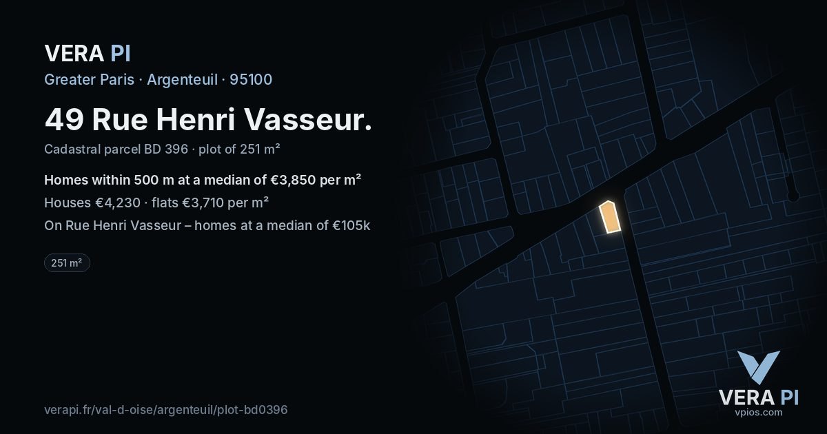 49 Rue Henri Vasseur, Argenteuil at night – the plot lit, the parcels around coloured by the prices near them