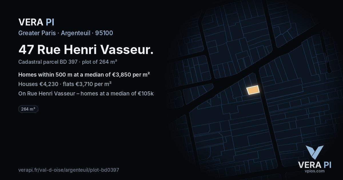 47 Rue Henri Vasseur, Argenteuil at night – the plot lit, the parcels around coloured by the prices near them