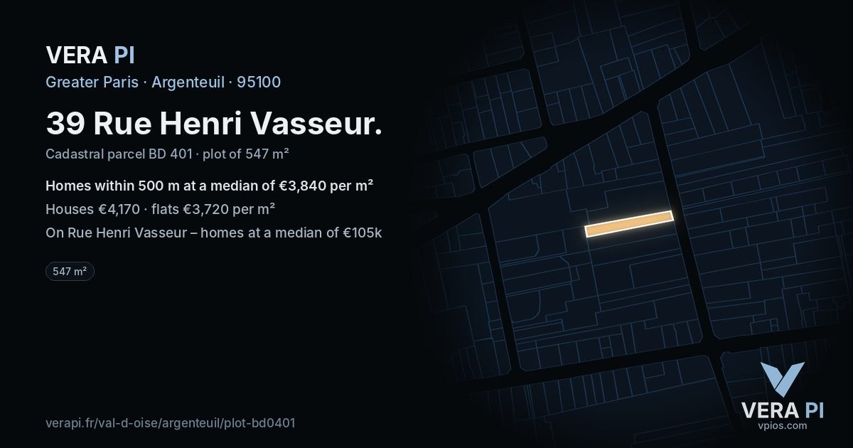 39 Rue Henri Vasseur, Argenteuil at night – the plot lit, the parcels around coloured by the prices near them