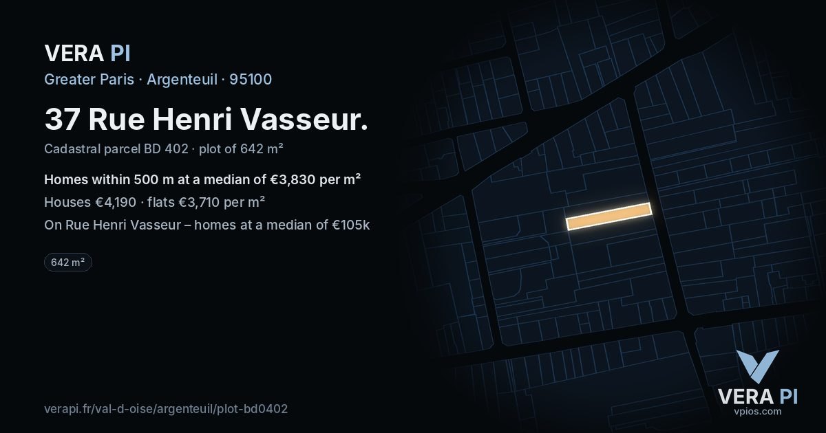 37 Rue Henri Vasseur, Argenteuil at night – the plot lit, the parcels around coloured by the prices near them