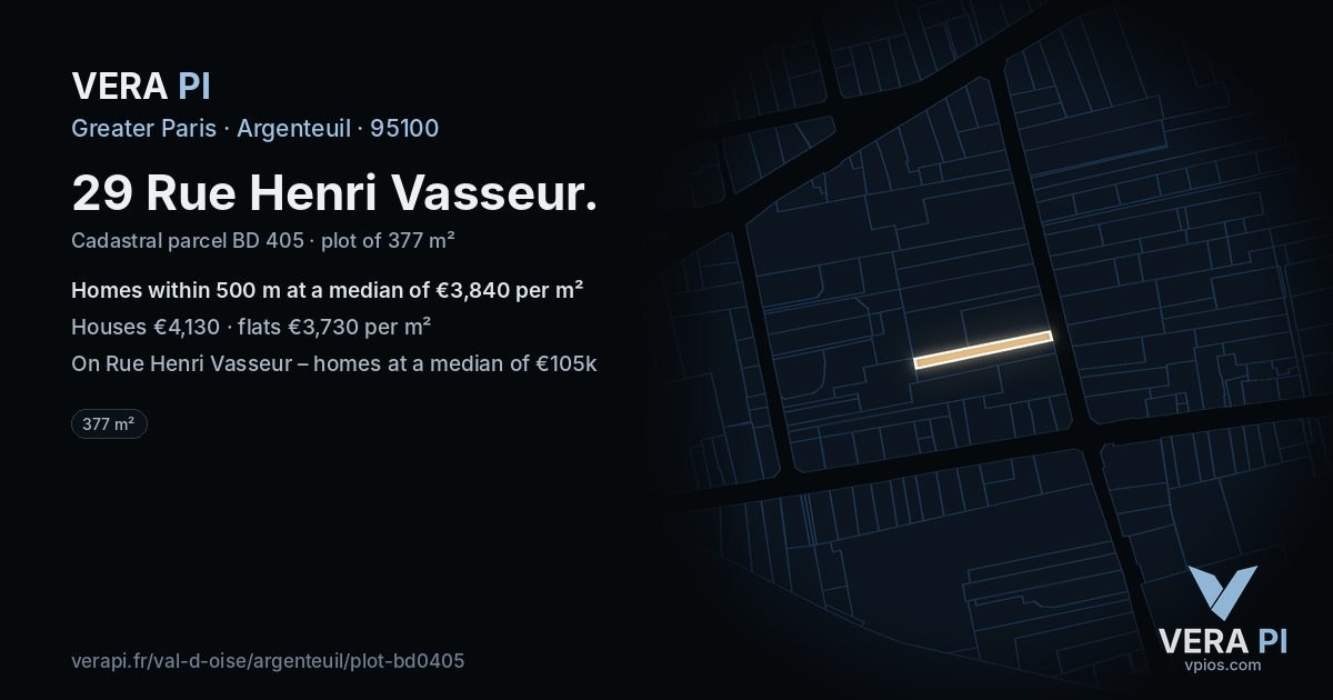 29 Rue Henri Vasseur, Argenteuil at night – the plot lit, the parcels around coloured by the prices near them