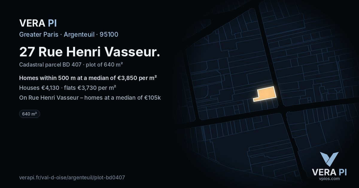 27 Rue Henri Vasseur, Argenteuil at night – the plot lit, the parcels around coloured by the prices near them