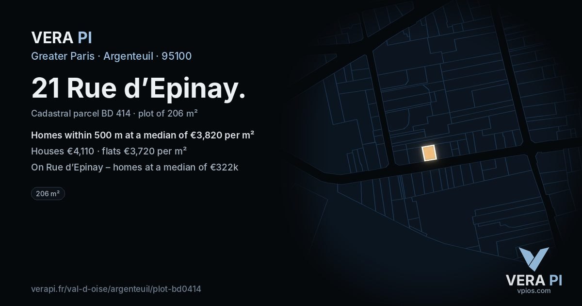 21 Rue d’Epinay, Argenteuil at night – the plot lit, the parcels around coloured by the prices near them