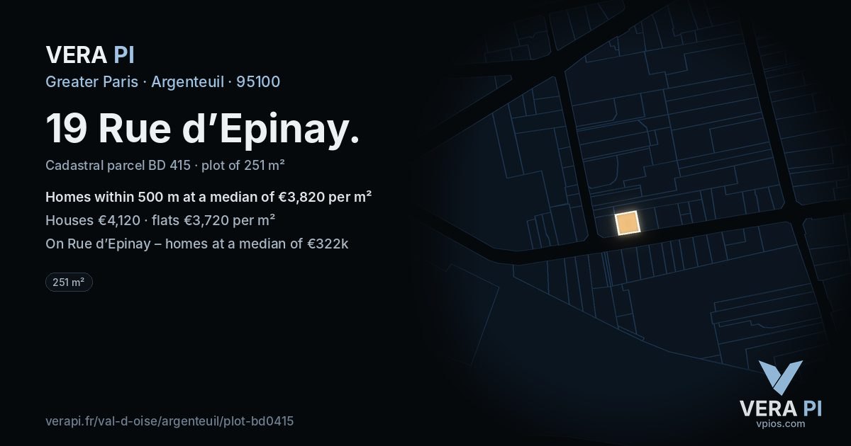 19 Rue d’Epinay, Argenteuil at night – the plot lit, the parcels around coloured by the prices near them