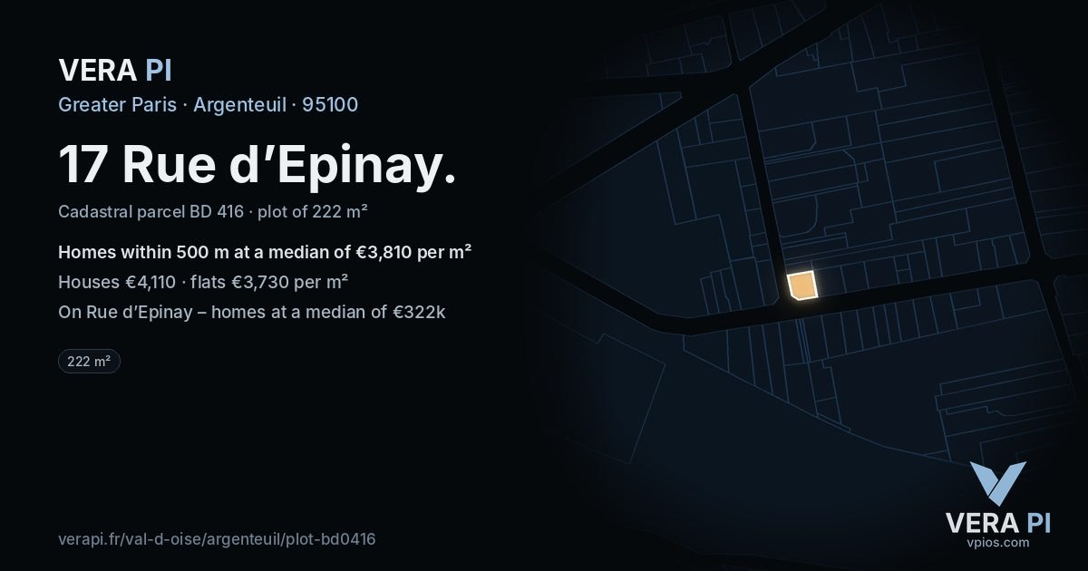 17 Rue d’Epinay, Argenteuil at night – the plot lit, the parcels around coloured by the prices near them