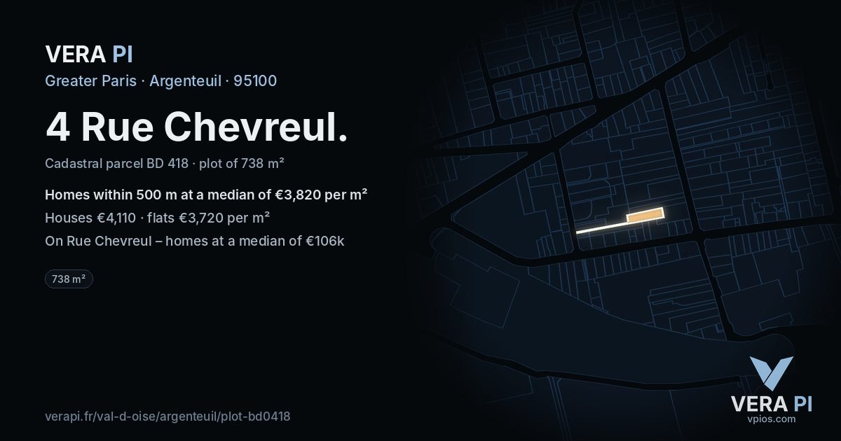 4 Rue Chevreul, Argenteuil at night – the plot lit, the parcels around coloured by the prices near them