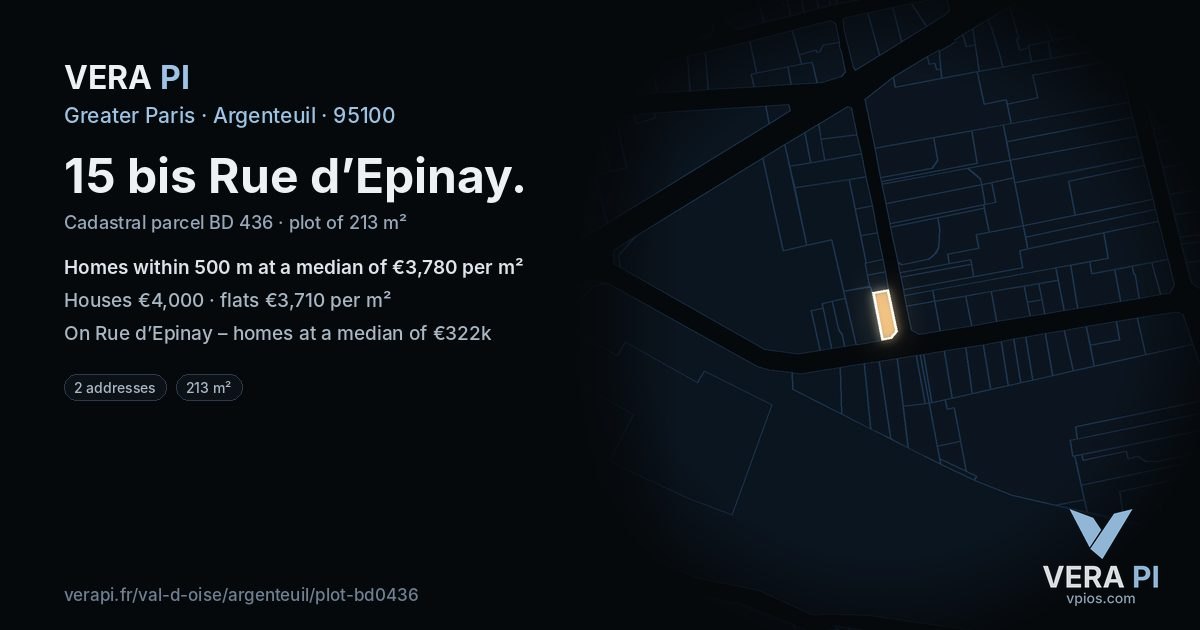15 bis Rue d’Epinay, Argenteuil at night – the plot lit, the parcels around coloured by the prices near them