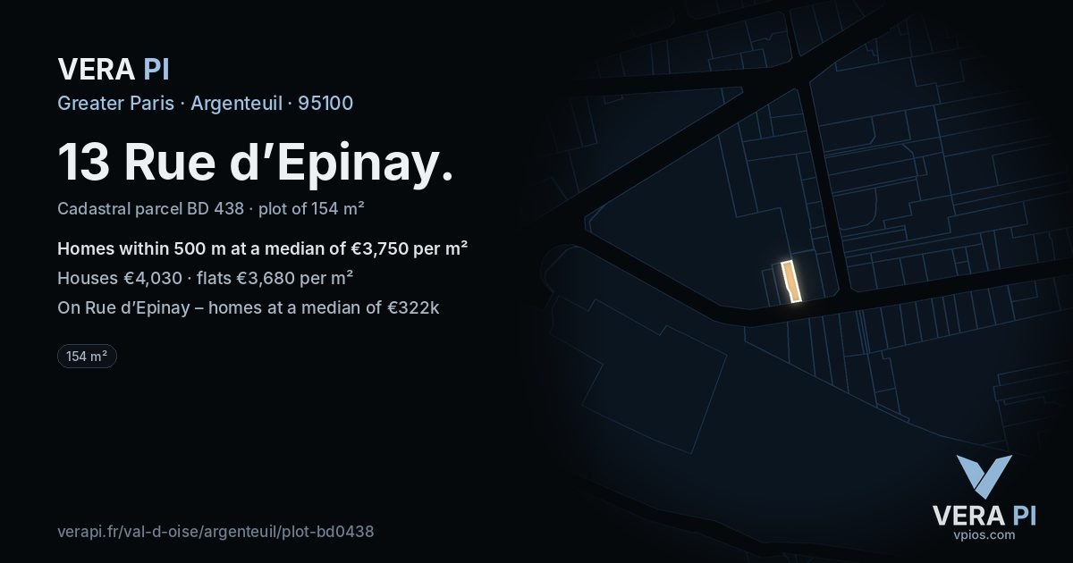 13 Rue d’Epinay, Argenteuil at night – the plot lit, the parcels around coloured by the prices near them