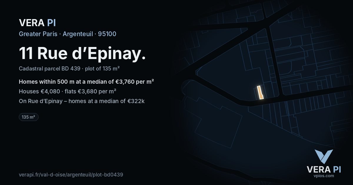 11 Rue d’Epinay, Argenteuil at night – the plot lit, the parcels around coloured by the prices near them