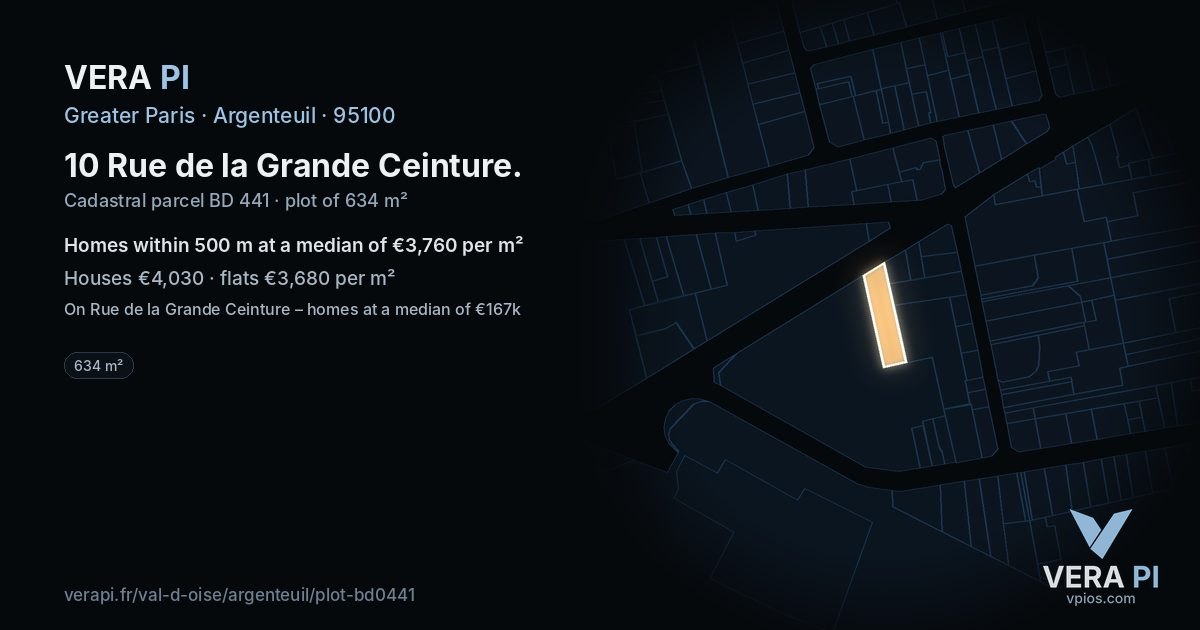 10 Rue de la Grande Ceinture, Argenteuil at night – the plot lit, the parcels around coloured by the prices near them
