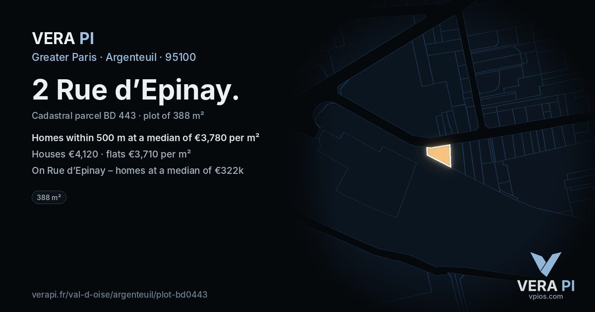 2 Rue d’Epinay, Argenteuil at night – the plot lit, the parcels around coloured by the prices near them