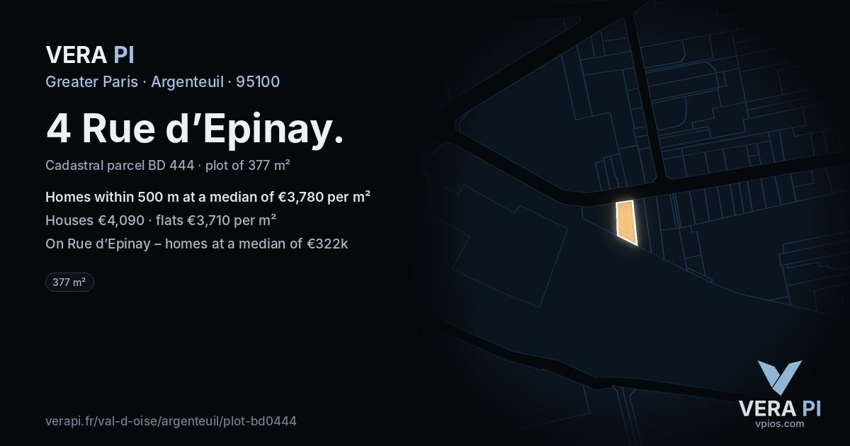 4 Rue d’Epinay, Argenteuil at night – the plot lit, the parcels around coloured by the prices near them