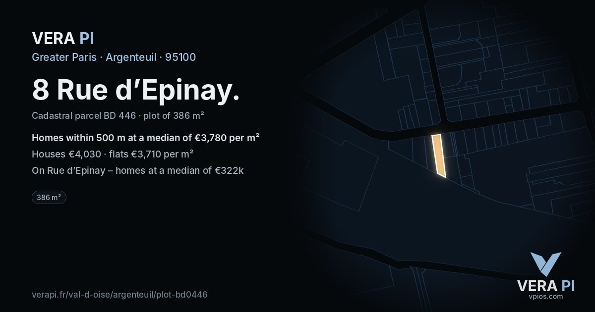 8 Rue d’Epinay, Argenteuil at night – the plot lit, the parcels around coloured by the prices near them