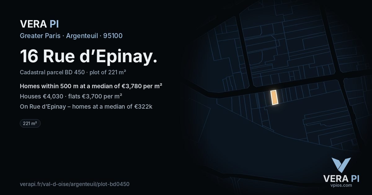 16 Rue d’Epinay, Argenteuil at night – the plot lit, the parcels around coloured by the prices near them