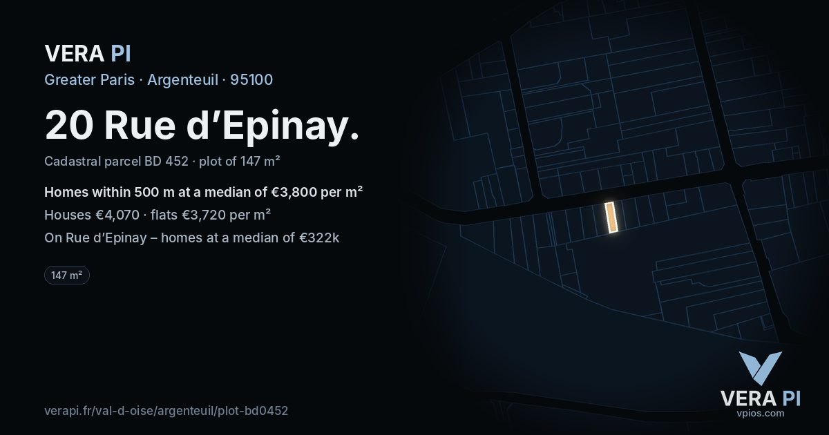 20 Rue d’Epinay, Argenteuil at night – the plot lit, the parcels around coloured by the prices near them