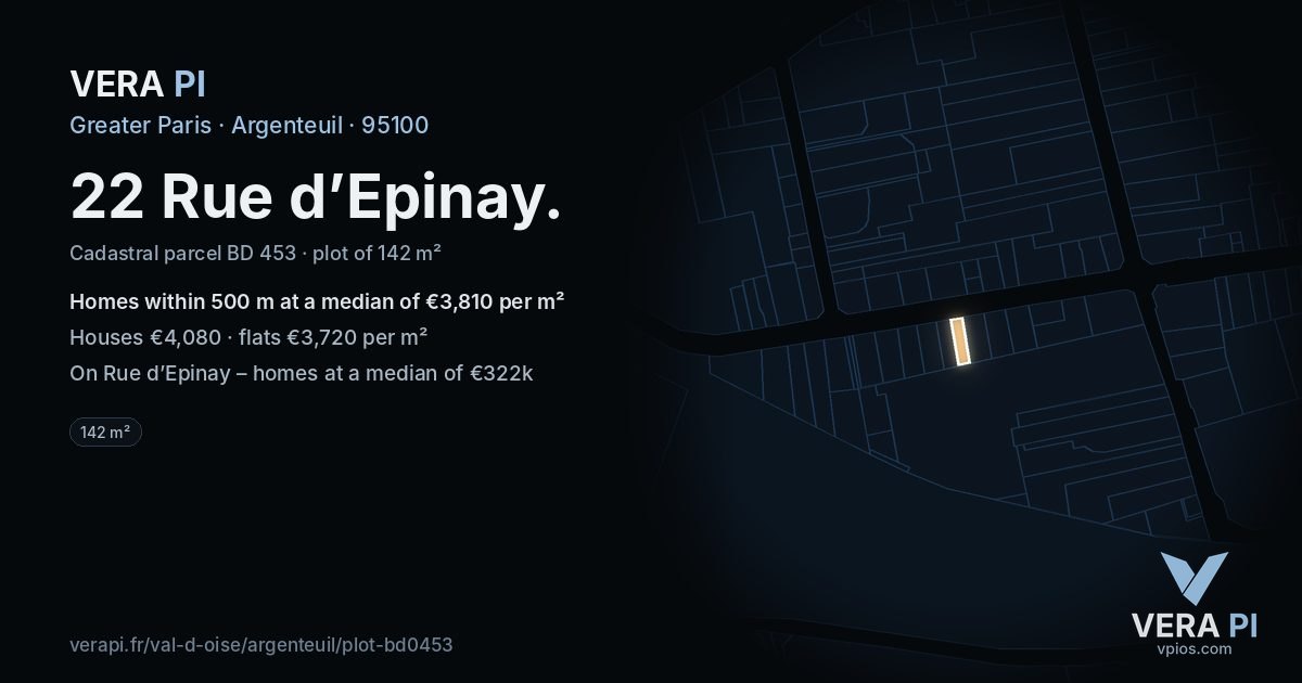 22 Rue d’Epinay, Argenteuil at night – the plot lit, the parcels around coloured by the prices near them