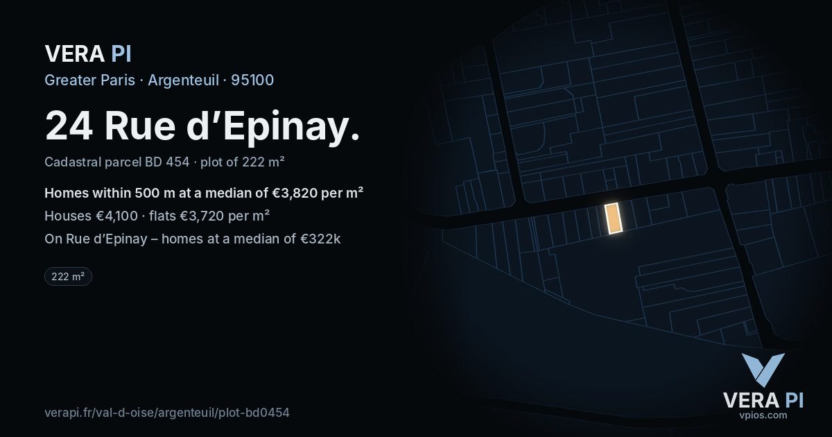 24 Rue d’Epinay, Argenteuil at night – the plot lit, the parcels around coloured by the prices near them