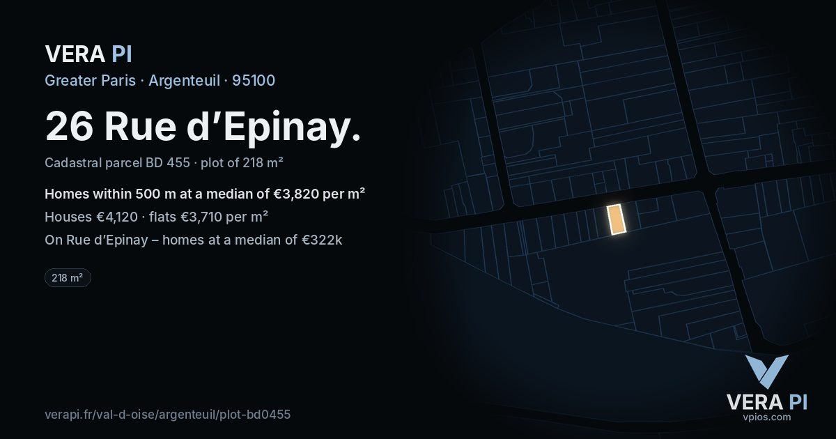 26 Rue d’Epinay, Argenteuil at night – the plot lit, the parcels around coloured by the prices near them