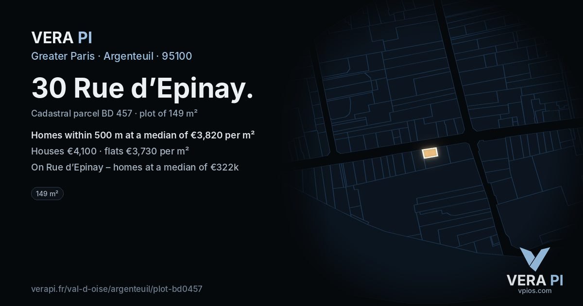 30 Rue d’Epinay, Argenteuil at night – the plot lit, the parcels around coloured by the prices near them