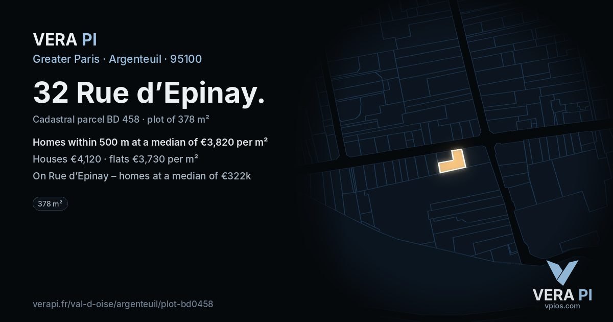 32 Rue d’Epinay, Argenteuil at night – the plot lit, the parcels around coloured by the prices near them