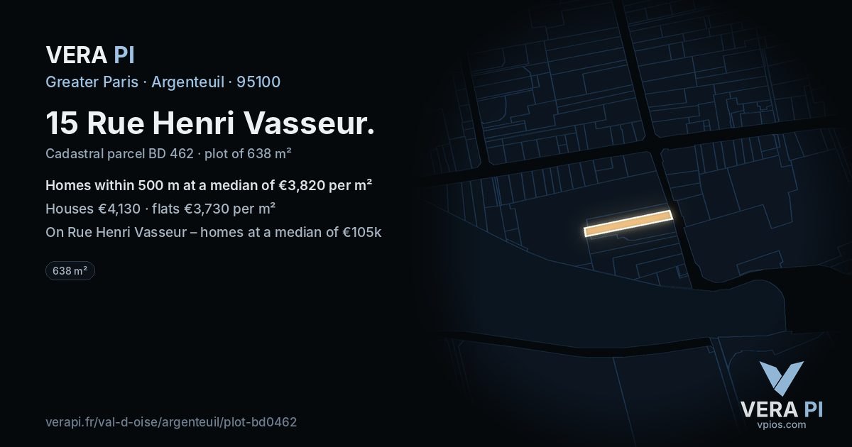 15 Rue Henri Vasseur, Argenteuil at night – the plot lit, the parcels around coloured by the prices near them