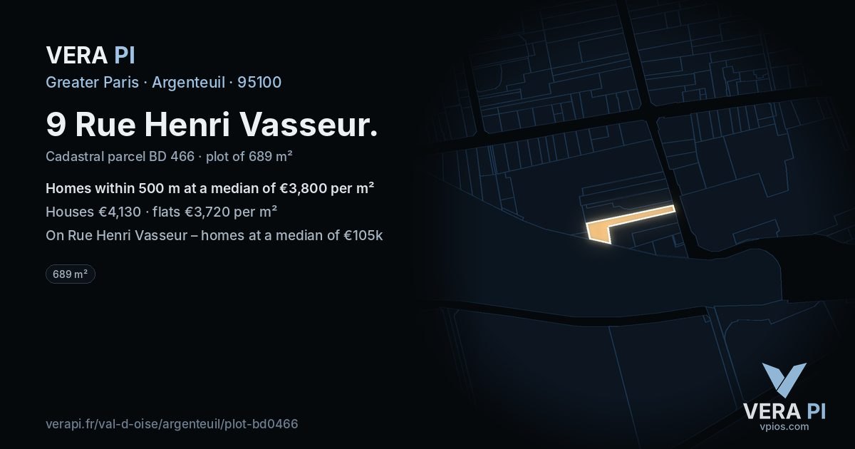 9 Rue Henri Vasseur, Argenteuil at night – the plot lit, the parcels around coloured by the prices near them