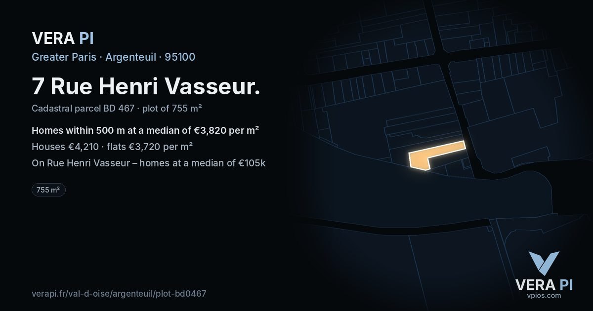 7 Rue Henri Vasseur, Argenteuil at night – the plot lit, the parcels around coloured by the prices near them