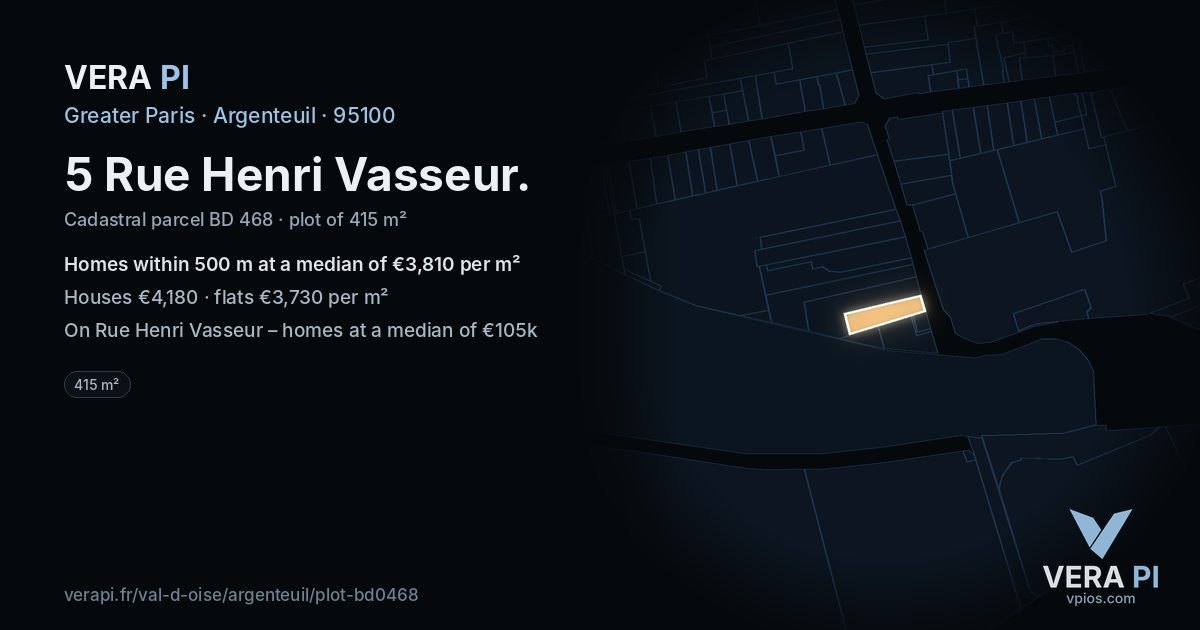 5 Rue Henri Vasseur, Argenteuil at night – the plot lit, the parcels around coloured by the prices near them
