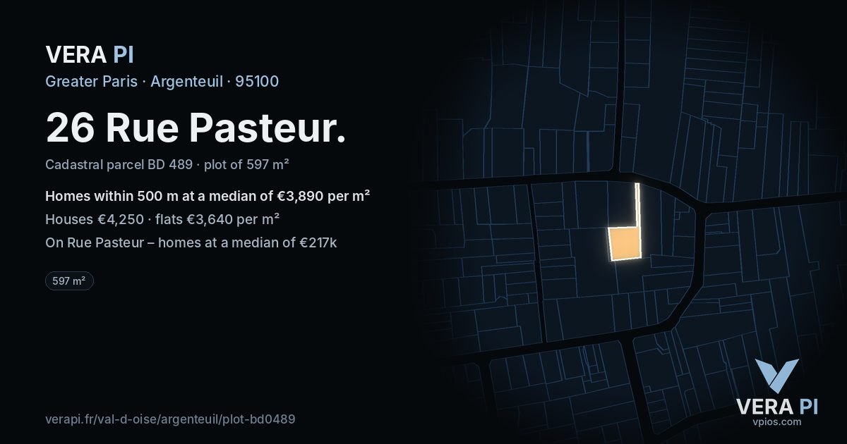 26 Rue Pasteur, Argenteuil at night – the plot lit, the parcels around coloured by the prices near them