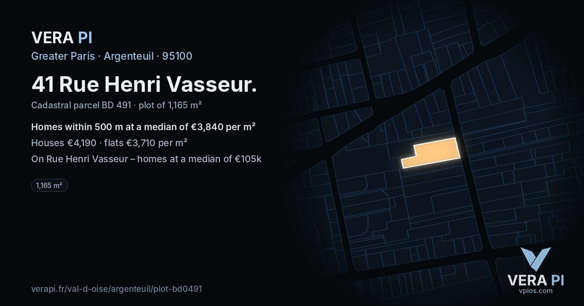 41 Rue Henri Vasseur, Argenteuil at night – the plot lit, the parcels around coloured by the prices near them
