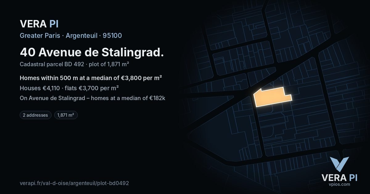 40 Avenue de Stalingrad, Argenteuil at night – the plot lit, the parcels around coloured by the prices near them