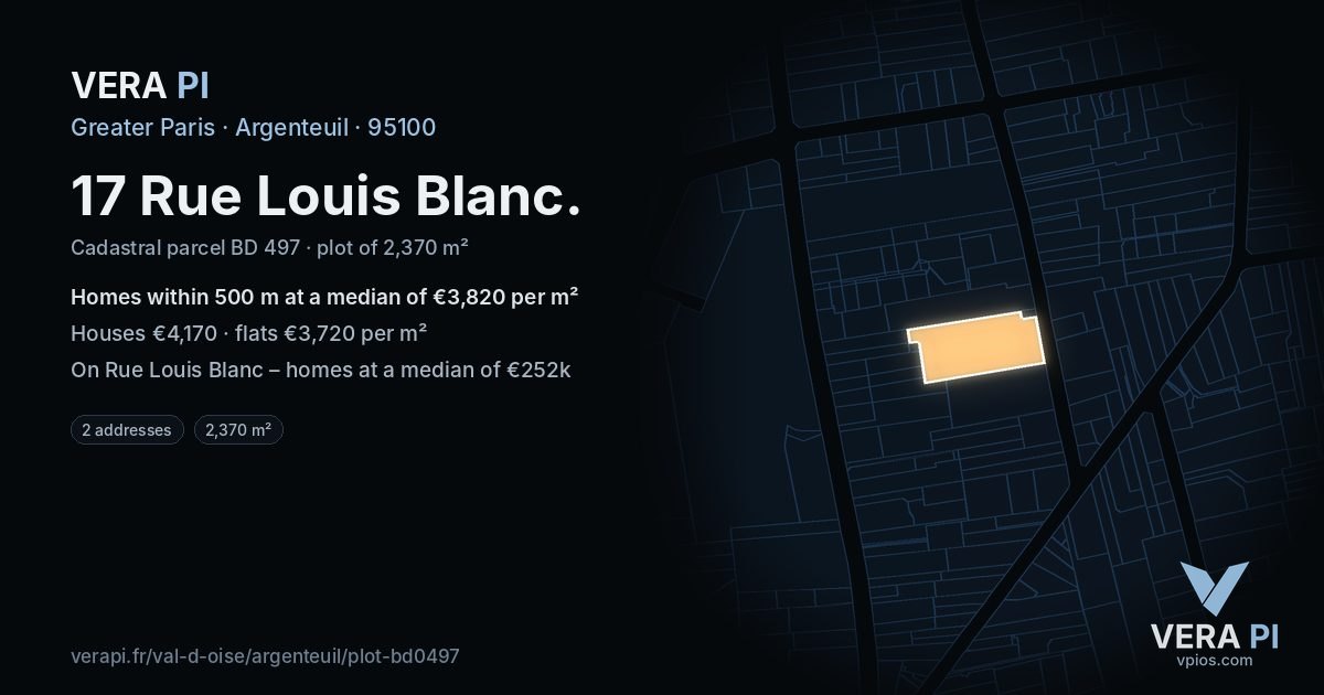17 Rue Louis Blanc, Argenteuil at night – the plot lit, the parcels around coloured by the prices near them