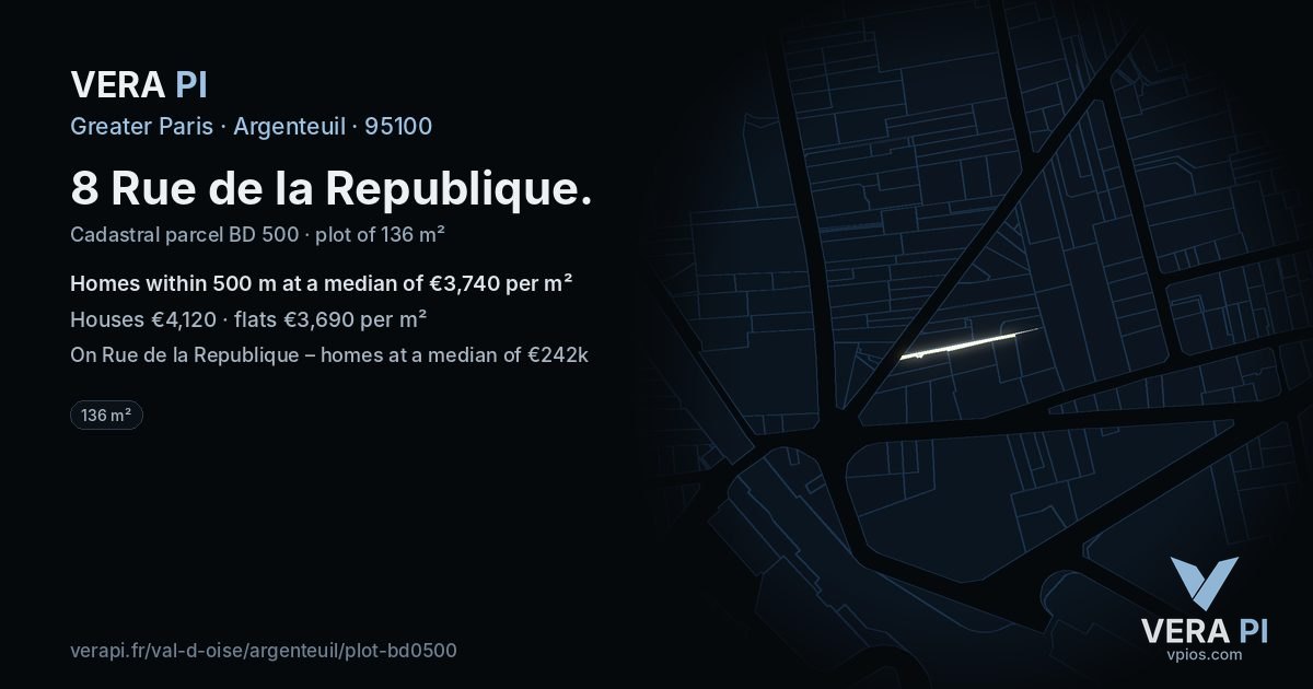 8 Rue de la Republique, Argenteuil at night – the plot lit, the parcels around coloured by the prices near them