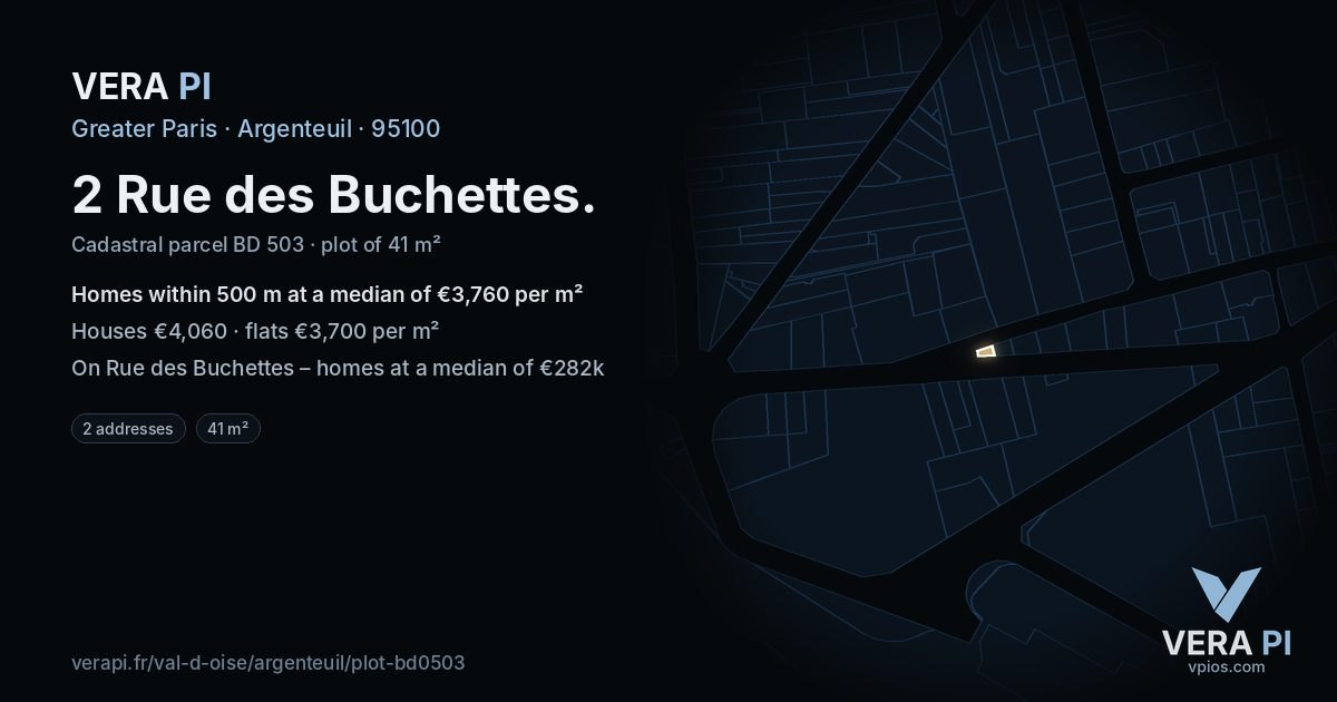 2 Rue des Buchettes, Argenteuil at night – the plot lit, the parcels around coloured by the prices near them