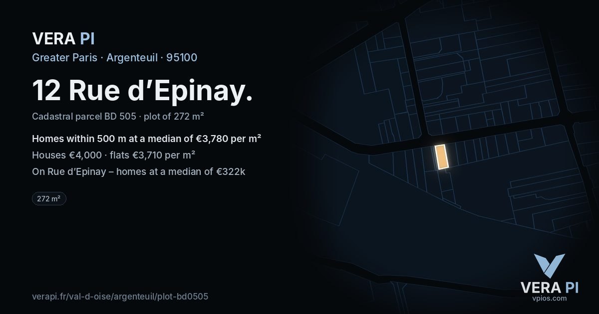 12 Rue d’Epinay, Argenteuil at night – the plot lit, the parcels around coloured by the prices near them
