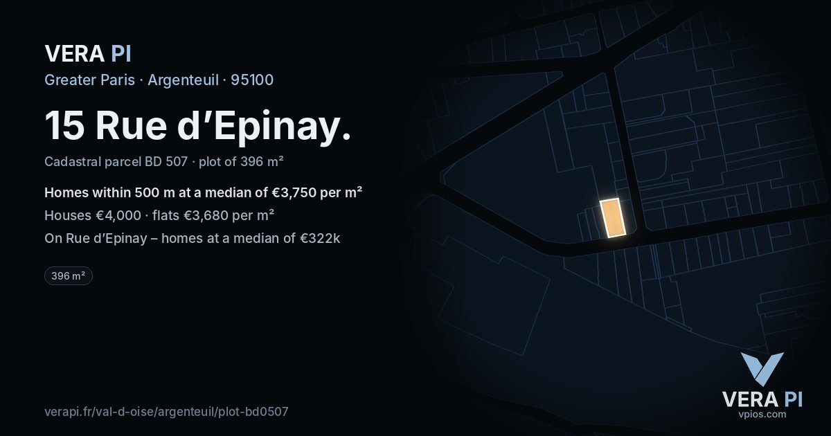 15 Rue d’Epinay, Argenteuil at night – the plot lit, the parcels around coloured by the prices near them