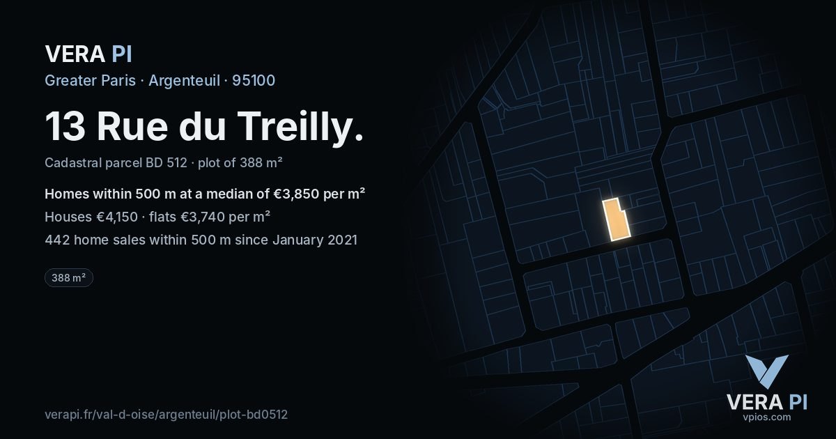 13 Rue du Treilly, Argenteuil at night – the plot lit, the parcels around coloured by the prices near them