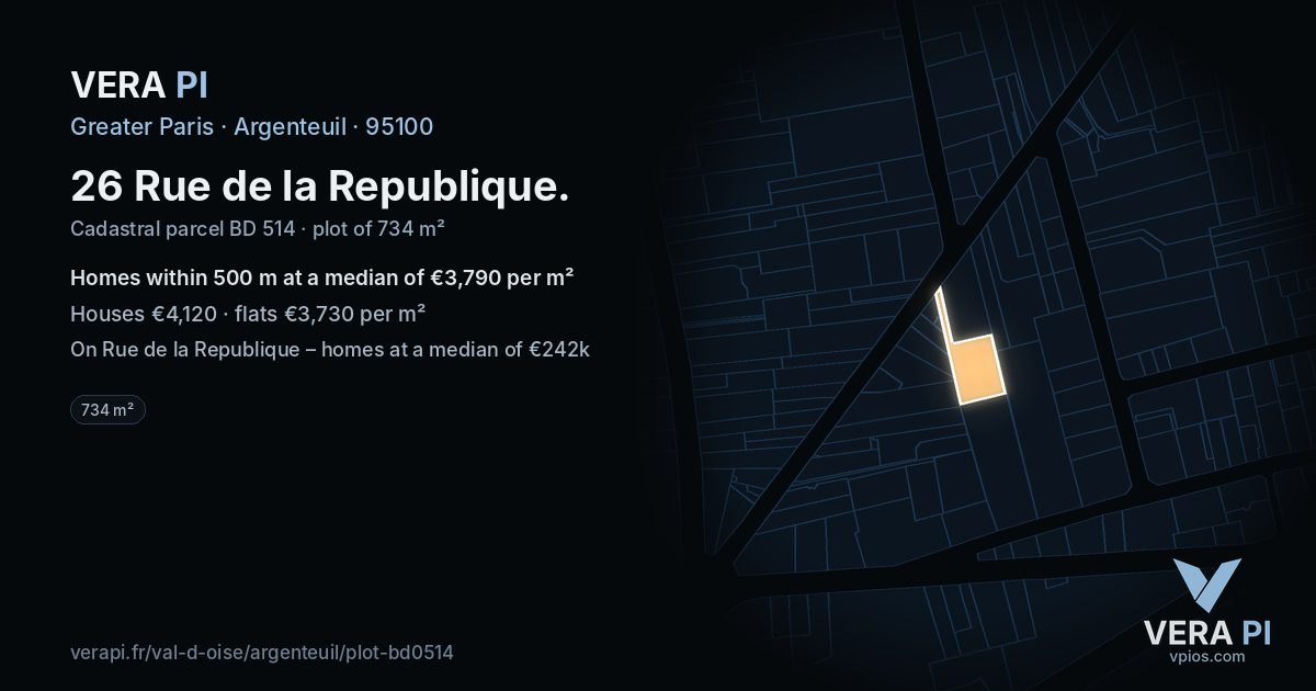 26 Rue de la Republique, Argenteuil at night – the plot lit, the parcels around coloured by the prices near them