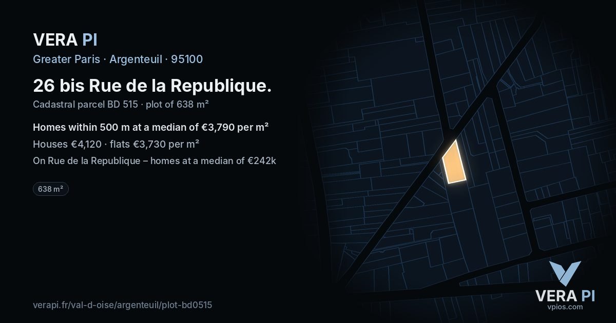 26 bis Rue de la Republique, Argenteuil at night – the plot lit, the parcels around coloured by the prices near them