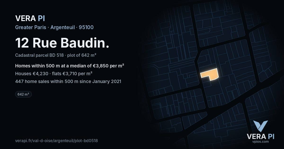 12 Rue Baudin, Argenteuil at night – the plot lit, the parcels around coloured by the prices near them