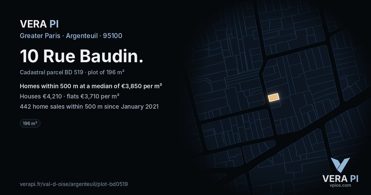 10 Rue Baudin, Argenteuil at night – the plot lit, the parcels around coloured by the prices near them