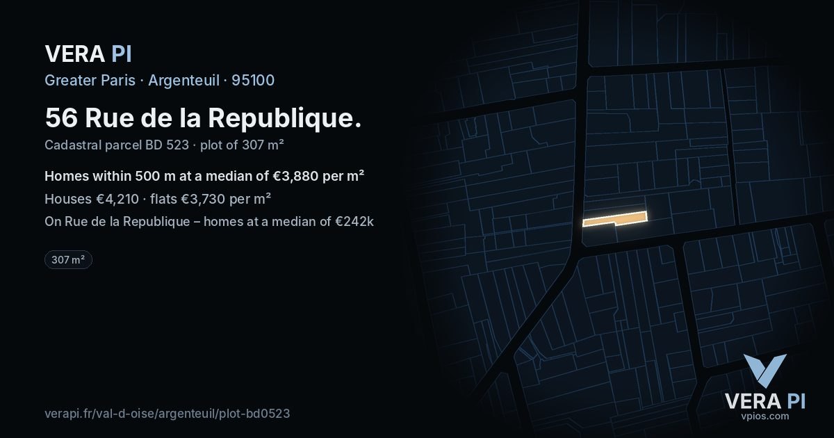 56 Rue de la Republique, Argenteuil at night – the plot lit, the parcels around coloured by the prices near them