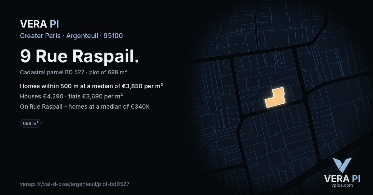 9 Rue Raspail, Argenteuil at night – the plot lit, the parcels around coloured by the prices near them
