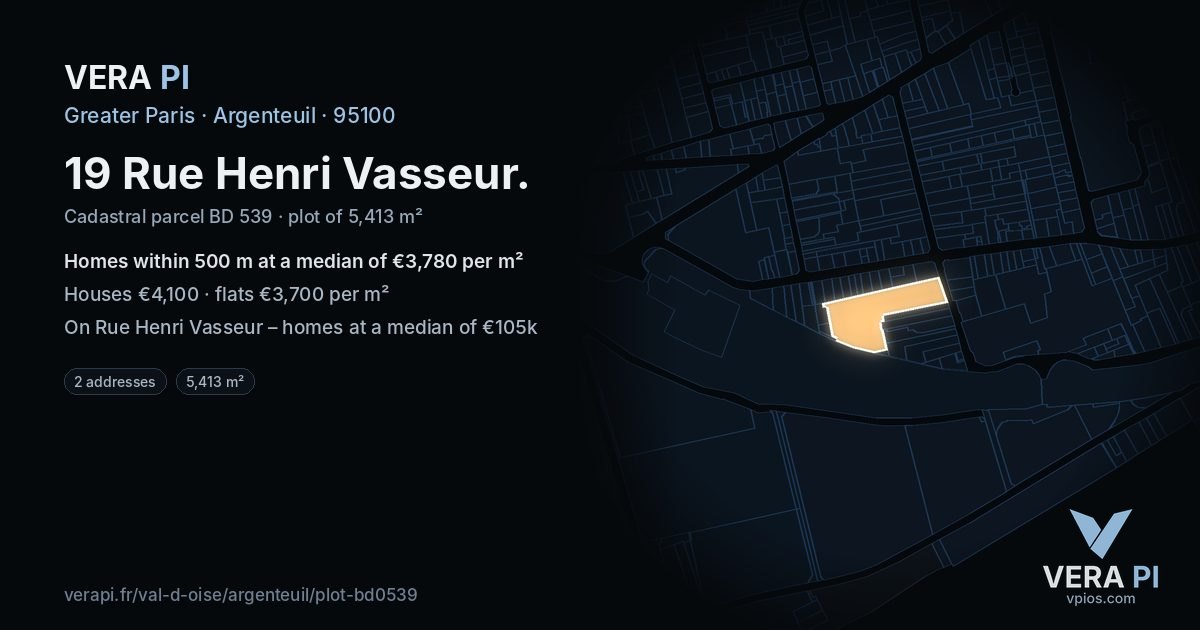 19 Rue Henri Vasseur, Argenteuil at night – the plot lit, the parcels around coloured by the prices near them