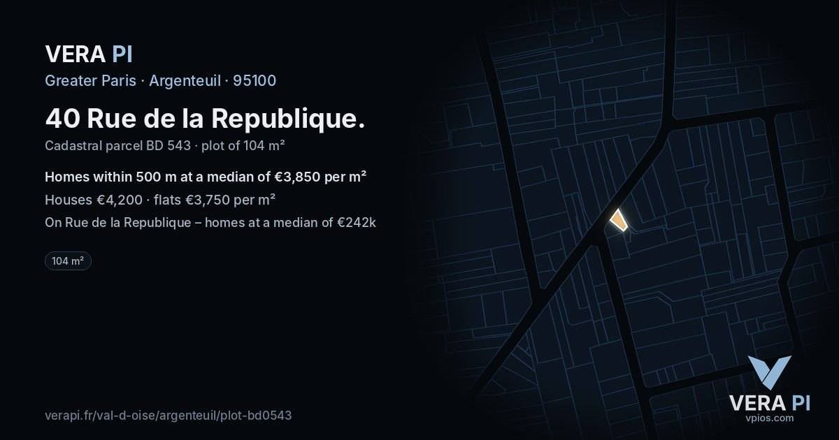 40 Rue de la Republique, Argenteuil at night – the plot lit, the parcels around coloured by the prices near them